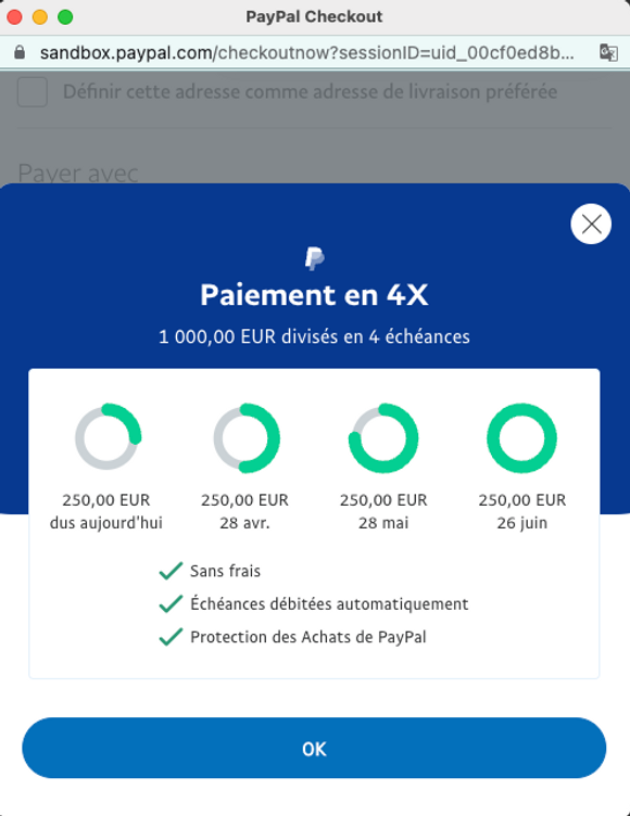 프랑스용 Pay Later 버튼을 누르고 프랑스로 설정 된 페이팔 계정으로 로그인 한 경우, 정상적으로 프랑스의 Pay Later 정책이 적용 된 화면이 렌더링 됨 (언어도 프랑스어)